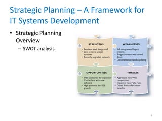 Strategic Planning – A Framework for
IT Systems Development
• Strategic Planning
  Overview
   – SWOT analysis




                                       6
 