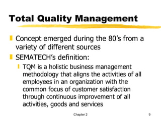 Total Quality Management

„ Concept emerged during the 80’s from a
  variety of different sources
„ SEMATECH’s definition:
  ƒ TQM is a holistic business management
    methodology that aligns the activities of all
    employees in an organization with the
    common focus of customer satisfaction
    through continuous improvement of all
    activities, goods and services
                       Chapter 2                    9
 