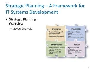 Strategic Planning – A Framework for
IT Systems Development
• Strategic Planning
Overview
– SWOT analysis
6
 