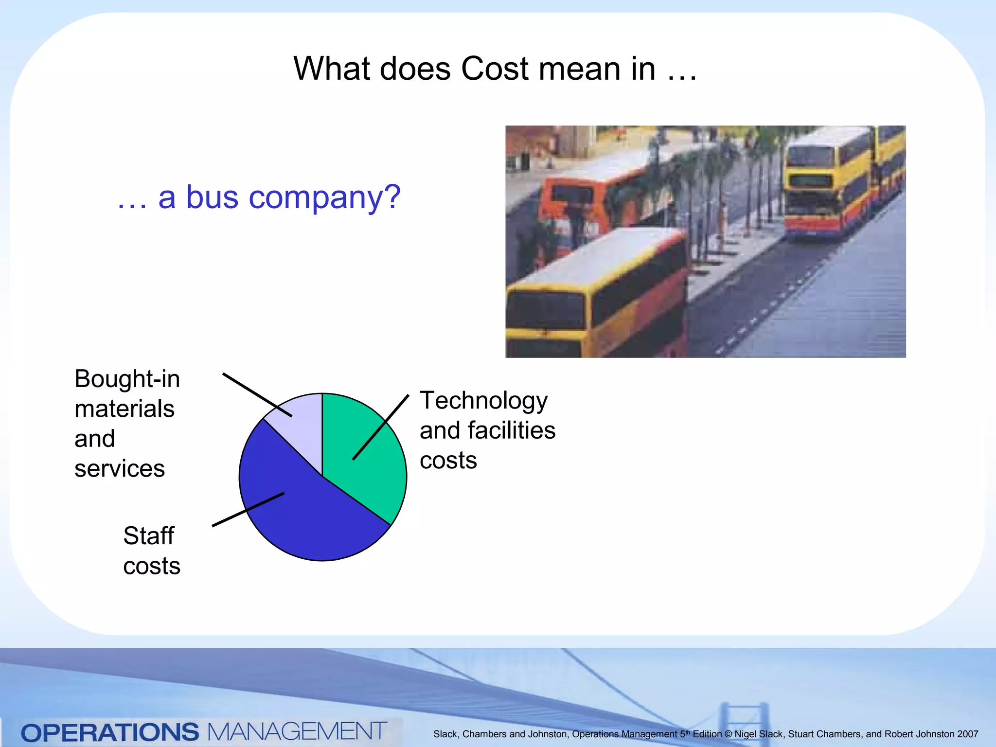 What does Cost mean in …


   … a bus company?




Bought-in
materials             Technology
and                   and facilities
services              costs


    Staff
    costs




                       Slack, Chambers and Johnston, Operations Management 5th Edition © Nigel Slack, Stuart Chambers, and Robert Johnston 2007
 