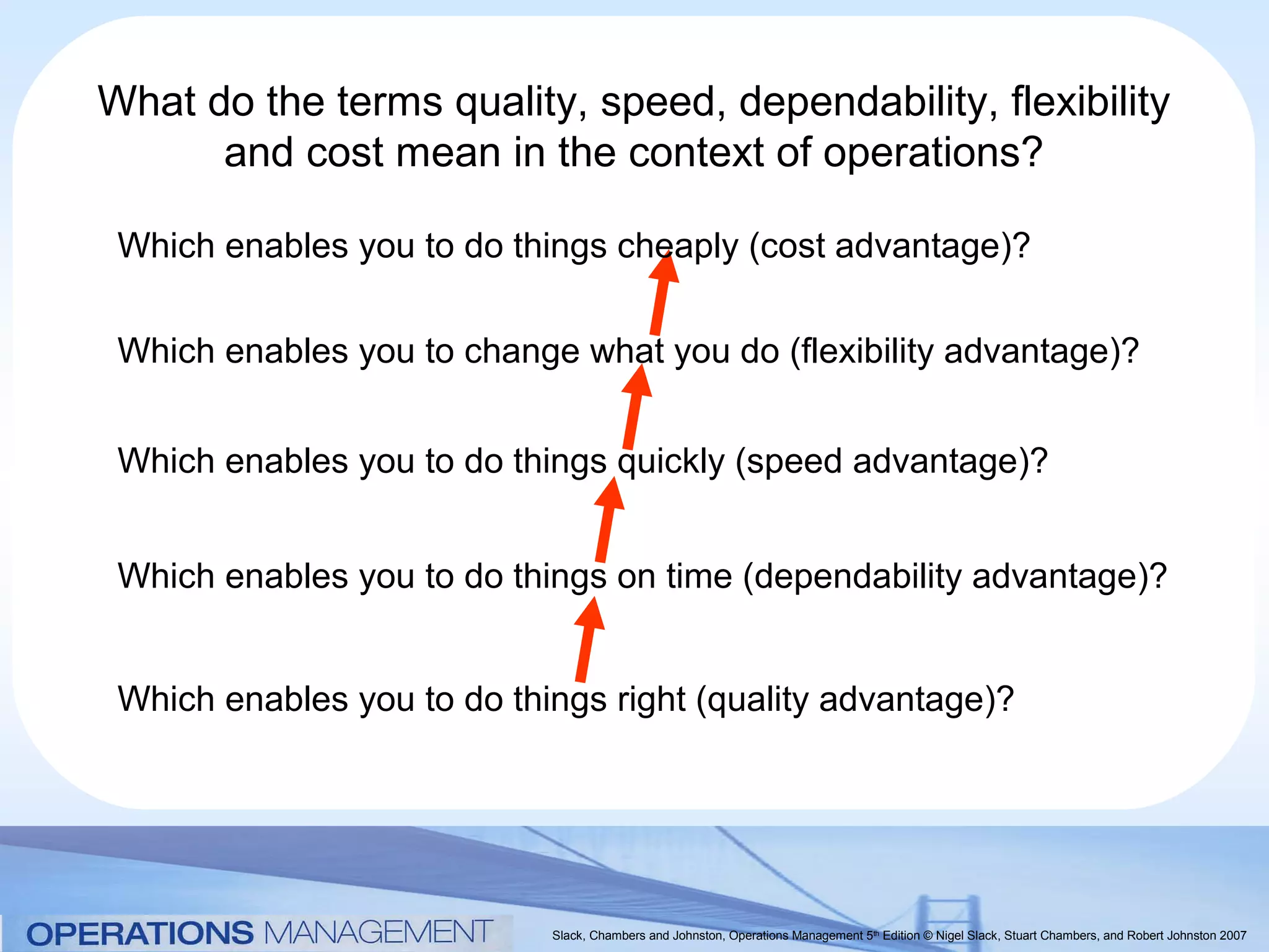 What do the terms quality, speed, dependability, flexibility
      and cost mean in the context of operations?

 Which enables you to do things cheaply (cost advantage)?

 Which enables you to change what you do (flexibility advantage)?


 Which enables you to do things quickly (speed advantage)?


 Which enables you to do things on time (dependability advantage)?


 Which enables you to do things right (quality advantage)?




                            Slack, Chambers and Johnston, Operations Management 5th Edition © Nigel Slack, Stuart Chambers, and Robert Johnston 2007
 