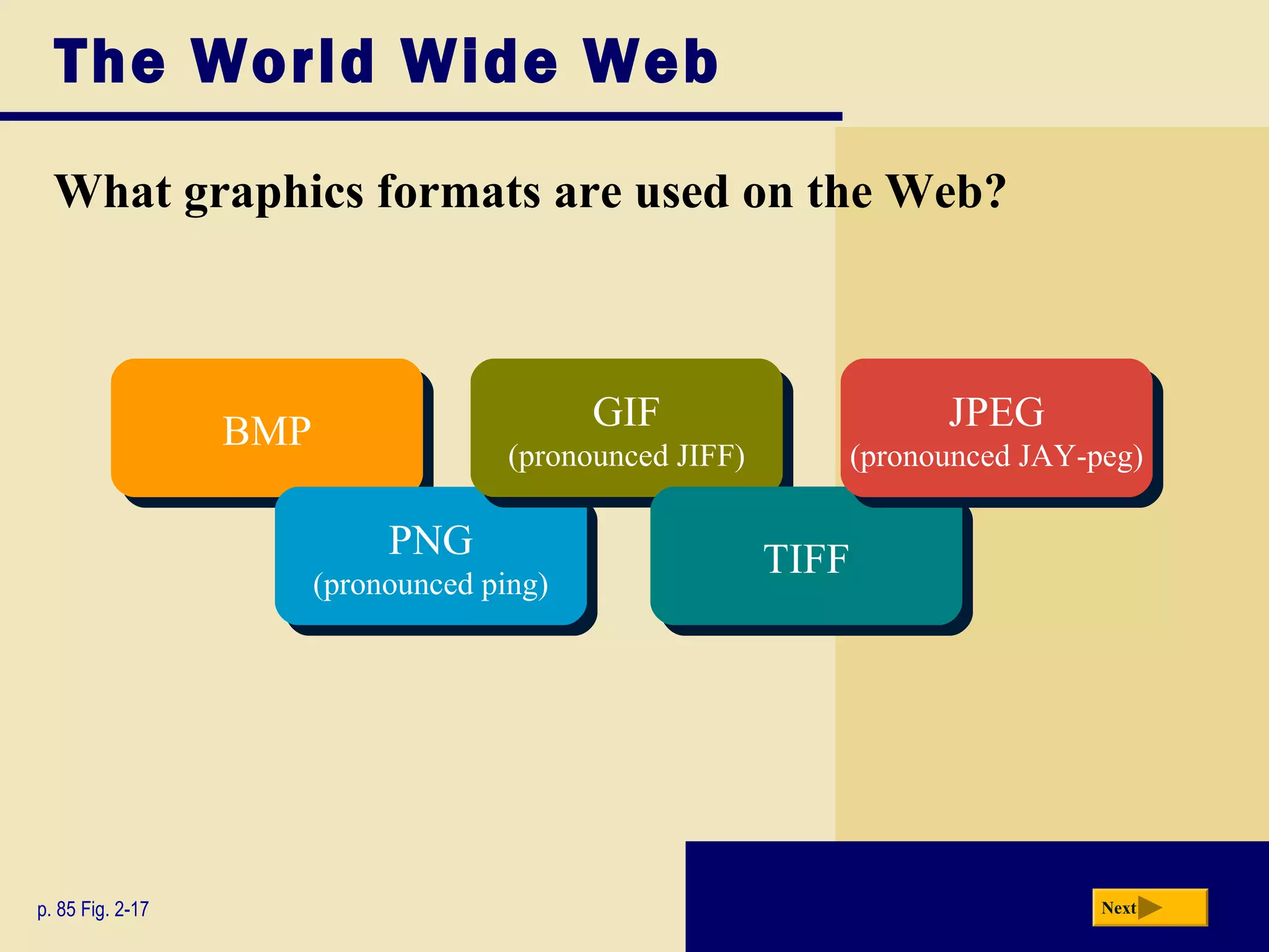 The World Wide Web
What graphics formats are used on the Web?
p. 85 Fig. 2-17 Next
BMPBMP
PNG
(pronounced ping)
PNG
(pronounced ping)
GIF
(pronounced JIFF)
GIF
(pronounced JIFF)
TIFFTIFF
JPEG
(pronounced JAY-peg)
JPEG
(pronounced JAY-peg)
 