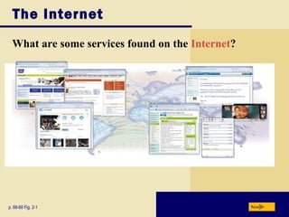 The Internet
What are some services found on the Internet?
p. 68-69 Fig. 2-1 Next
 