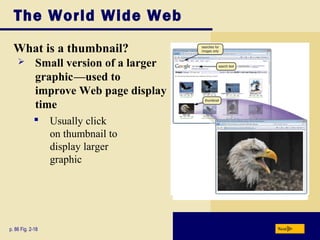 The World Wide Web
What is a thumbnail?
p. 86 Fig. 2-18 Next
 Small version of a larger
graphicc—used to
improve Web page display
time
 Usually click
on thumbnail to
display larger
graphic
 