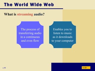 The World Wide Web
What is streaming audio?
p. 86 Next
The process of
transferring audio
in a continuous
and even flow
Enables you to
listen to music
as it downloads
to your computer
 