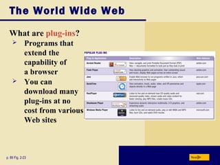 The World Wide Web
What are plug-ins?
p. 89 Fig. 2-23 Next
 Programs that
extend the
capability of
a browser
 You can
download many
plug-ins at no
cost from various
Web sites
 