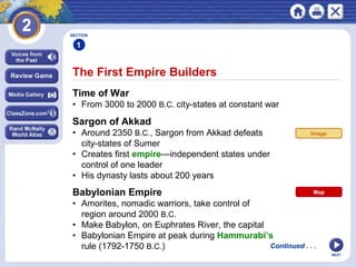 NEXT
The First Empire Builders
Continued . . .
Time of War
• From 3000 to 2000 B.C. city-states at constant war
Sargon of Akkad
• Around 2350 B.C., Sargon from Akkad defeats
city-states of Sumer
• Creates first empire—independent states under
control of one leader
• His dynasty lasts about 200 years
Babylonian Empire
• Amorites, nomadic warriors, take control of
region around 2000 B.C.
• Make Babylon, on Euphrates River, the capital
• Babylonian Empire at peak during Hammurabi’s
rule (1792-1750 B.C.)
SECTION
1
Image
Map
 