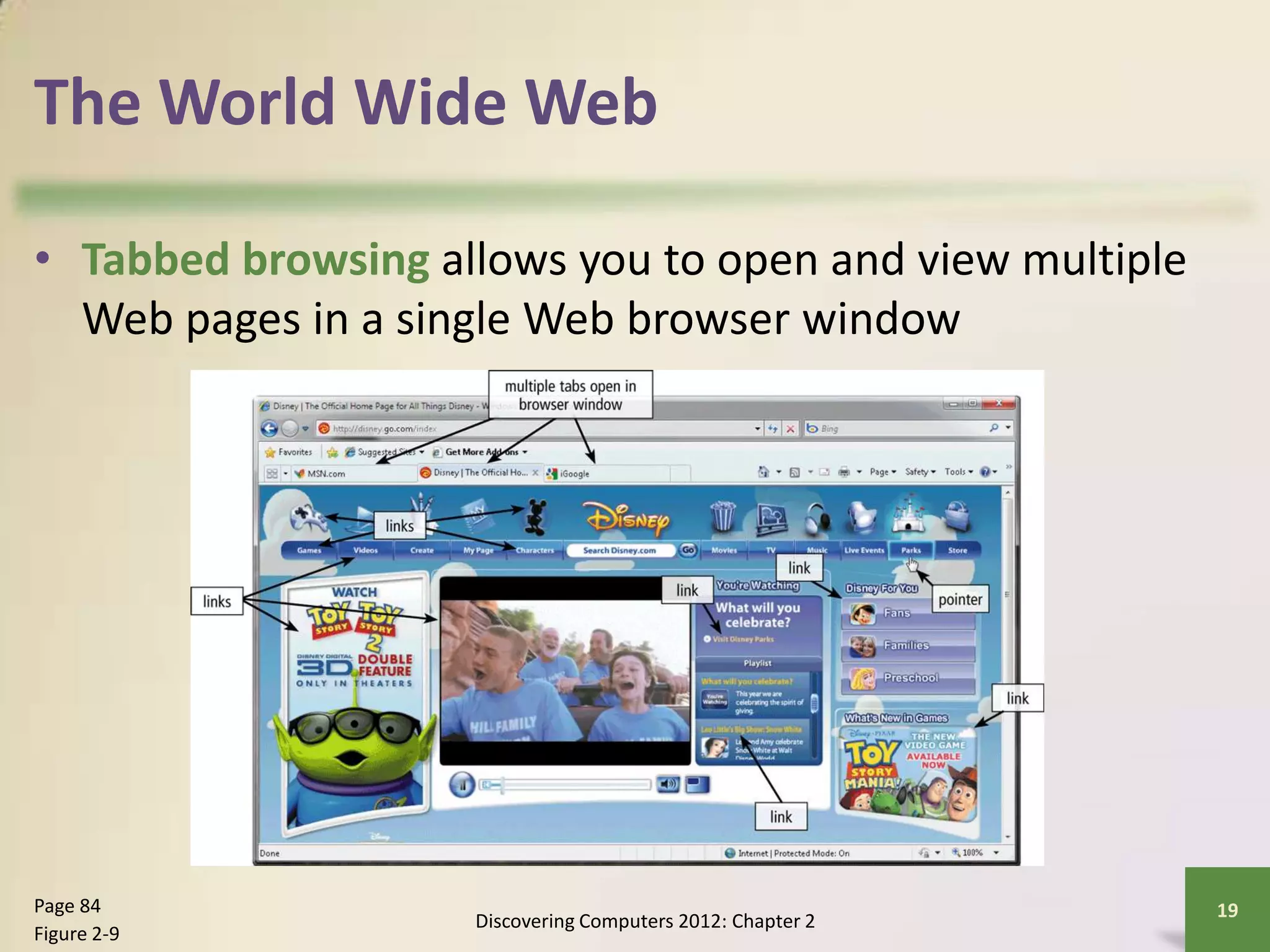The World Wide Web
• Tabbed browsing allows you to open and view multiple
Web pages in a single Web browser window
Discovering Computers 2012: Chapter 2
19Page 84
Figure 2-9
 