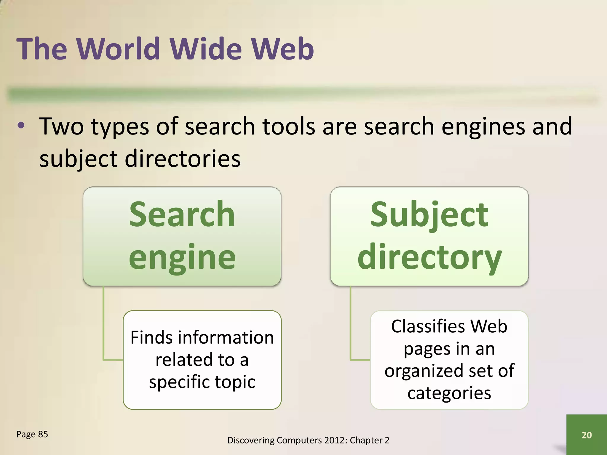 The World Wide Web
• Two types of search tools are search engines and
subject directories
Discovering Computers 2012: Chapter 2
20Page 85
Search
engine
Finds information
related to a
specific topic
Subject
directory
Classifies Web
pages in an
organized set of
categories
 
