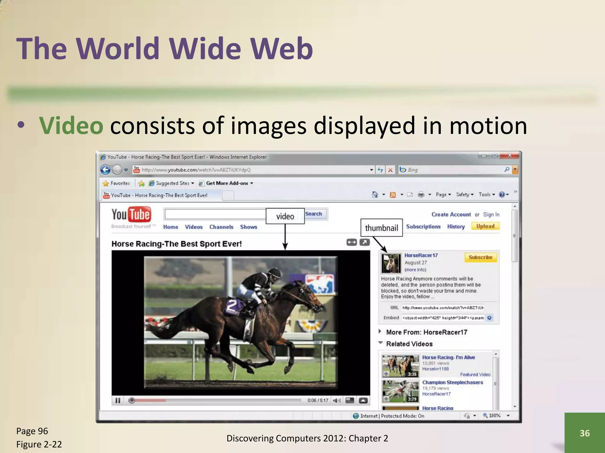 The World Wide Web
• Video consists of images displayed in motion
Discovering Computers 2012: Chapter 2
36Page 96
Figure 2-22
 