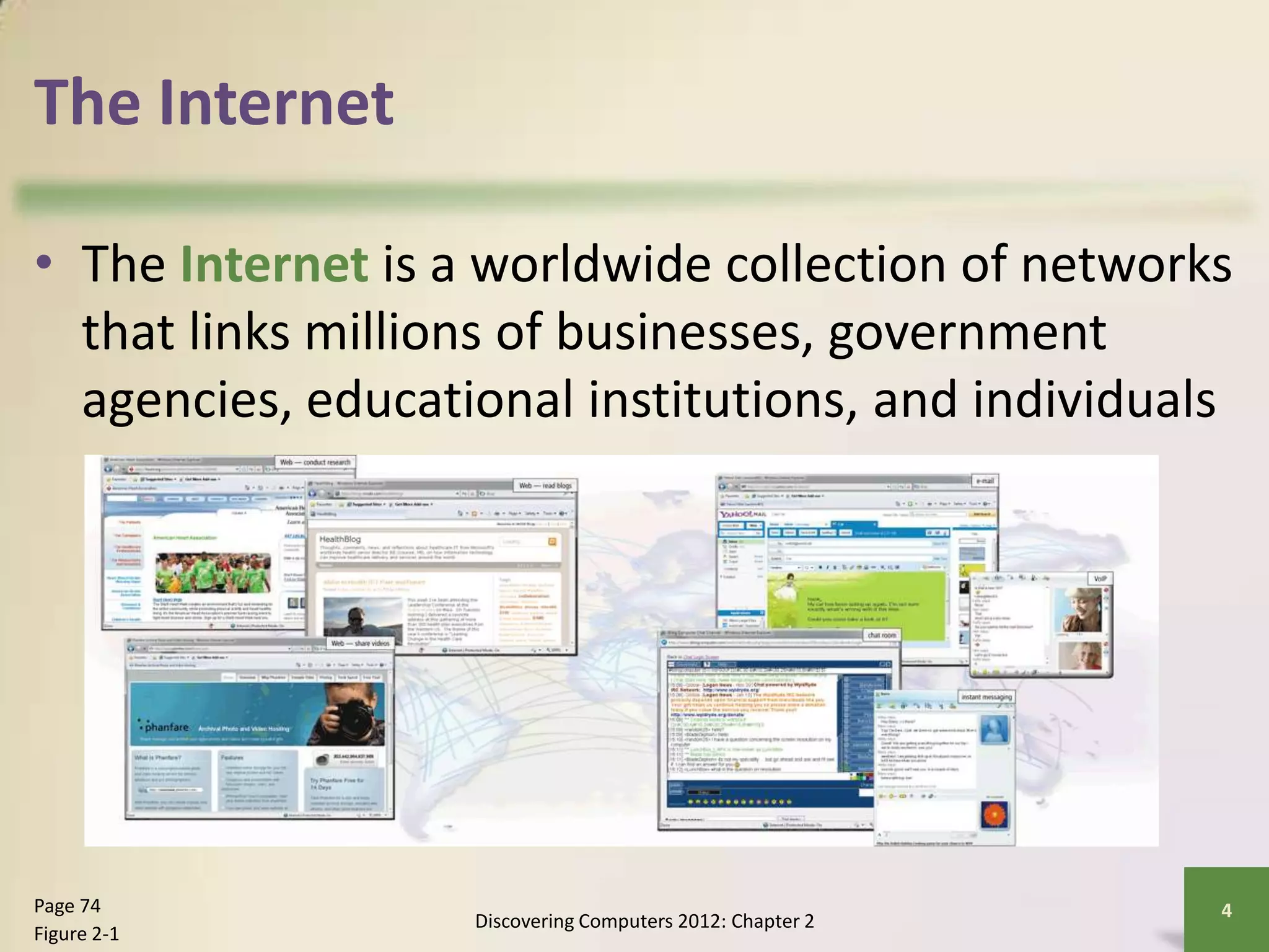 The Internet
• The Internet is a worldwide collection of networks
that links millions of businesses, government
agencies, educational institutions, and individuals
Discovering Computers 2012: Chapter 2
4Page 74
Figure 2-1
 