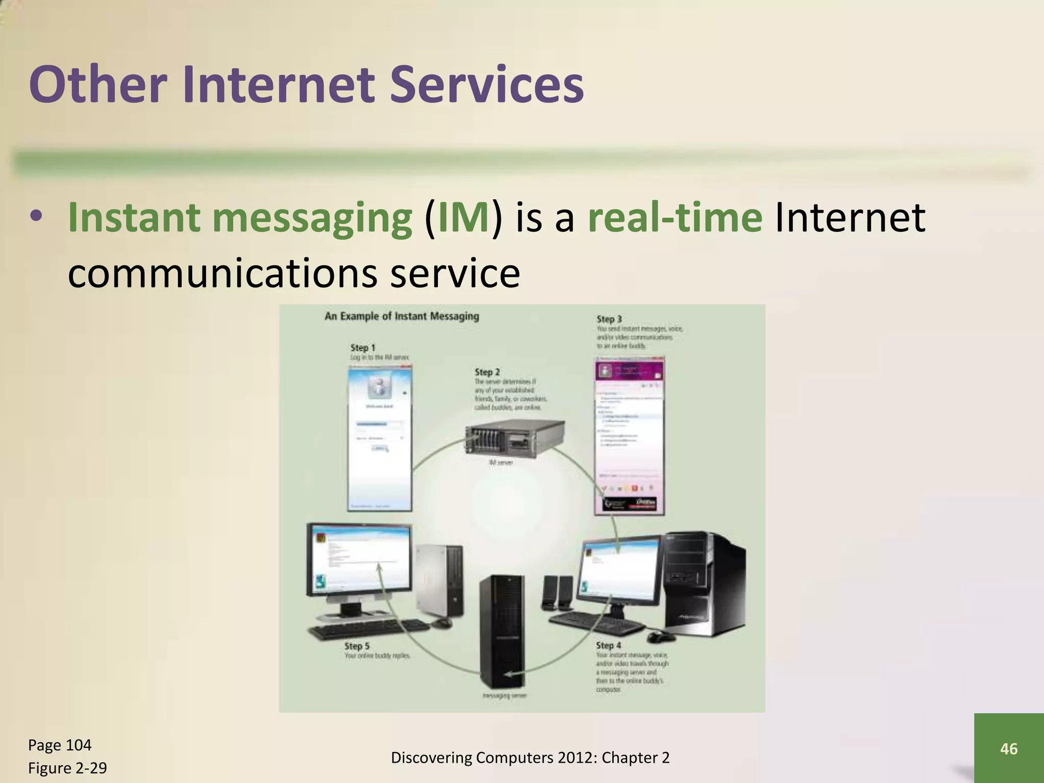 Other Internet Services
• Instant messaging (IM) is a real-time Internet
communications service
Discovering Computers 2012: Chapter 2
46Page 104
Figure 2-29
 