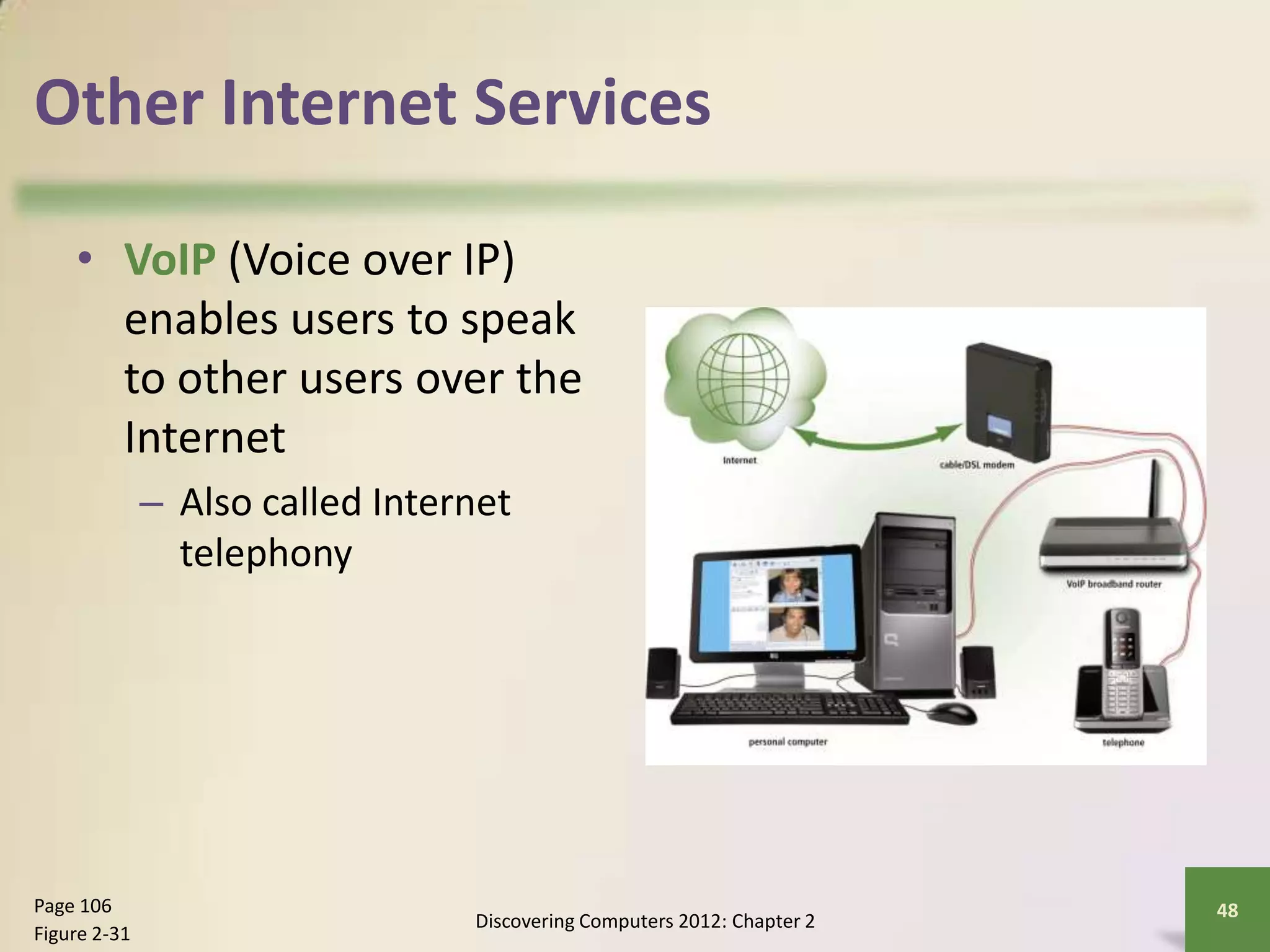 Other Internet Services
• VoIP (Voice over IP)
enables users to speak
to other users over the
Internet
– Also called Internet
telephony
Discovering Computers 2012: Chapter 2
48Page 106
Figure 2-31
 