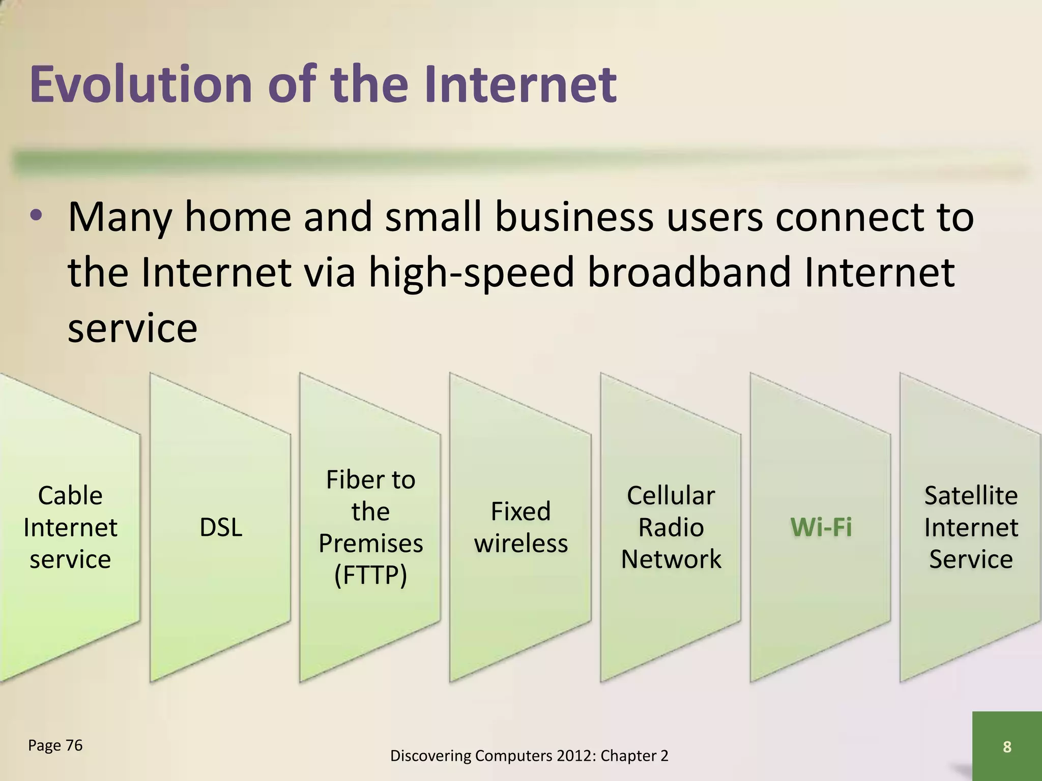 Evolution of the Internet
• Many home and small business users connect to
the Internet via high-speed broadband Internet
service
Discovering Computers 2012: Chapter 2
8Page 76
Cable
Internet
service
DSL
Fiber to
the
Premises
(FTTP)
Fixed
wireless
Cellular
Radio
Network
Wi-Fi
Satellite
Internet
Service
 