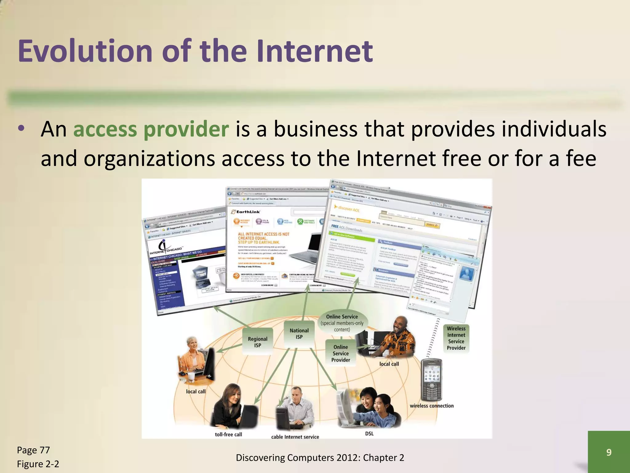 Evolution of the Internet
• An access provider is a business that provides individuals
and organizations access to the Internet free or for a fee
Discovering Computers 2012: Chapter 2
9Page 77
Figure 2-2
 