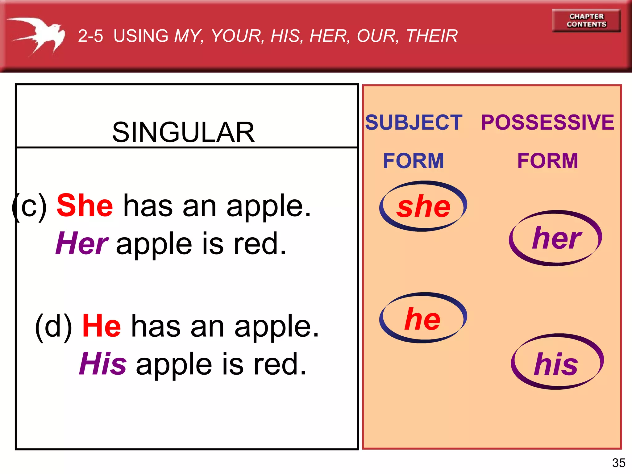 2-5 USING MY, YOUR, HIS, HER, OUR, THEIR

SINGULAR

SUBJECT POSSESSIVE
FORM

(c) She has an apple.
Her apple is red.
(d) He has an apple.
His apple is red.

she

FORM

her

he
his
35

 