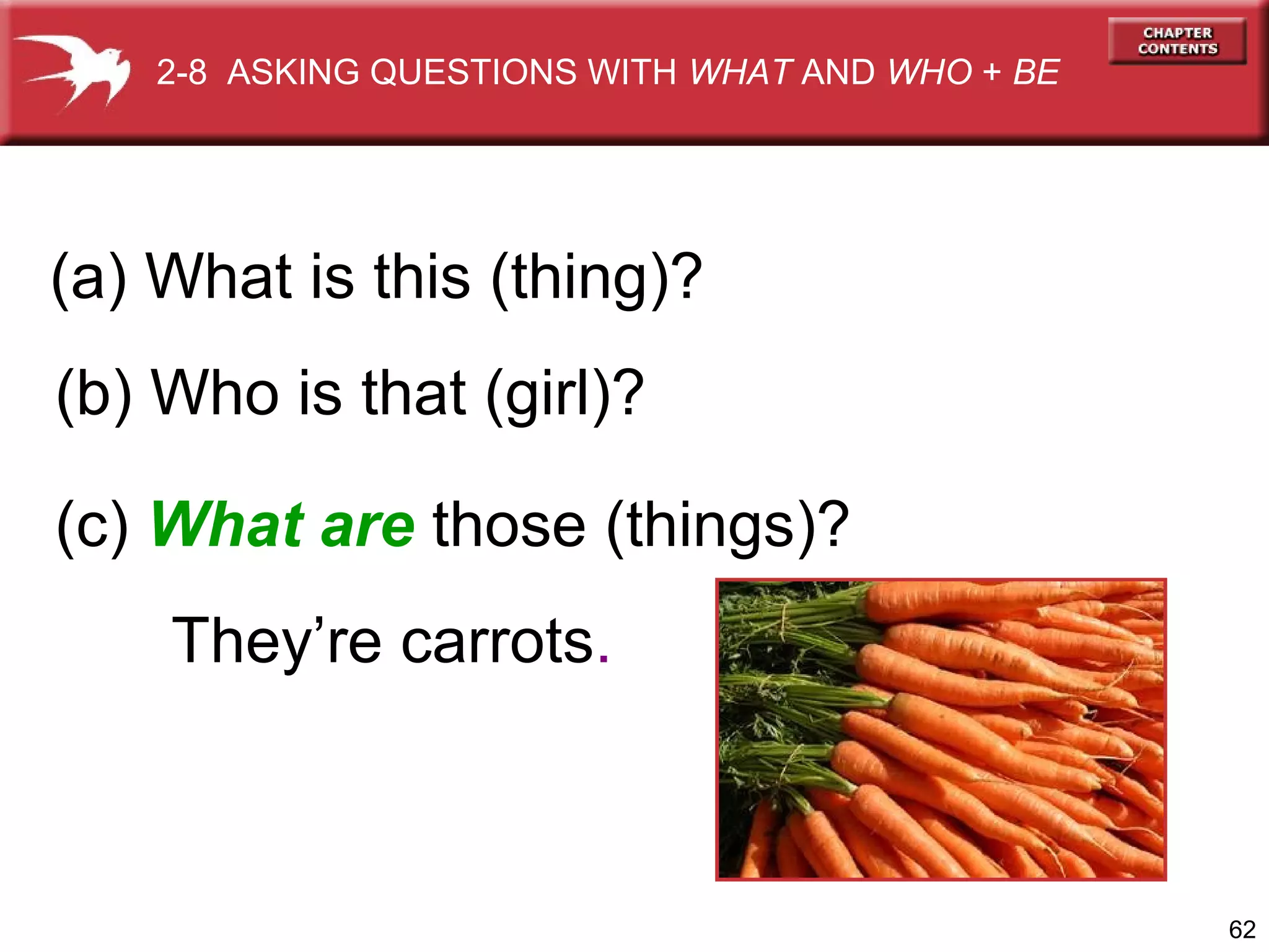 2-8 ASKING QUESTIONS WITH WHAT AND WHO + BE

(a) What is this (thing)?
(b) Who is that (girl)?
(c) What are those (things)?
They’re carrots.

62

 
