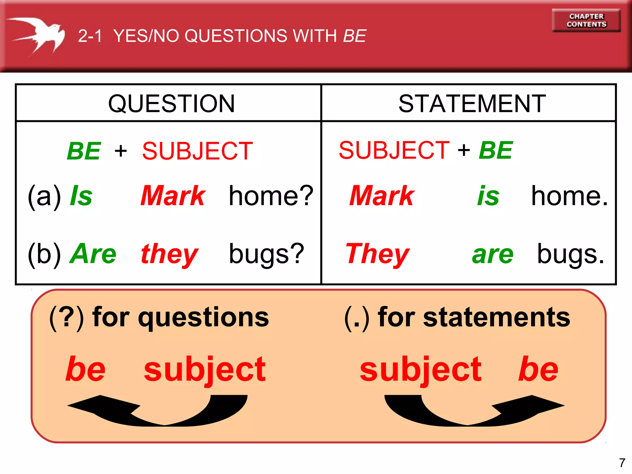 2-1 YES/NO QUESTIONS WITH BE

QUESTION
BE + SUBJECT

(a) Is

Mark home?

(b) Are they

bugs?

(?) for questions

be

subject

STATEMENT
SUBJECT + BE

Mark

is

home.

They

are bugs.

(.) for statements

subject

be
7

 