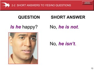 2-2 SHORT ANSWERS TO YES/NO QUESTIONS

QUESTION

Is he happy?

SHORT ANSWER

No, he is not.
No, he isn’t.

13

 