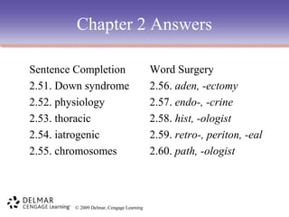 Chapter 2 Answers
Sentence Completion
2.51. Down syndrome
2.52. physiology
2.53. thoracic
2.54. iatrogenic
2.55. chromosomes

© 2009 Delmar, Cengage Learning

Word Surgery
2.56. aden, -ectomy
2.57. endo-, -crine
2.58. hist, -ologist
2.59. retro-, periton, -eal
2.60. path, -ologist

 