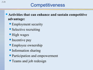 2-26 Competitiveness 
Activities that can enhance and sustain competitive 
advantage: 
Employment security 
Selective recruiting 
High wages 
Incentive pay 
Employee ownership 
Information sharing 
Participation and empowerment 
Teams and job redesign 
 