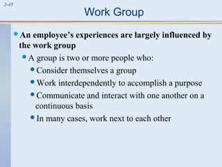 2-45 Work Group 
An employee’s experiences are largely influenced by 
the work group 
A group is two or more people who: 
Consider themselves a group 
Work interdependently to accomplish a purpose 
Communicate and interact with one another on a 
continuous basis 
In many cases, work next to each other 
 