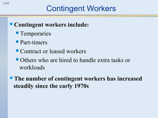 2-61 Contingent Workers 
Contingent workers include: 
Temporaries 
Part-timers 
Contract or leased workers 
Others who are hired to handle extra tasks or 
workloads 
The number of contingent workers has increased 
steadily since the early 1970s 
 