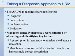 2-7 Taking a Diagnostic Approach to HRM 
The ARDM model has four specific steps: 
Diagnosis 
Prescription 
Implementation 
Evaluation 
Managers typically diagnose a work situation by 
observing and identifying key factors 
A prescription is then made to translate the diagnosis 
into action 
Most human resource problems are too complex to 
have a single correct prescription 
 