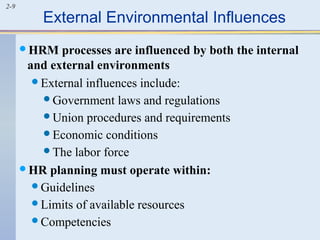 2-9 External Environmental Influences 
HRM processes are influenced by both the internal 
and external environments 
External influences include: 
Government laws and regulations 
Union procedures and requirements 
Economic conditions 
The labor force 
HR planning must operate within: 
Guidelines 
Limits of available resources 
Competencies 
 