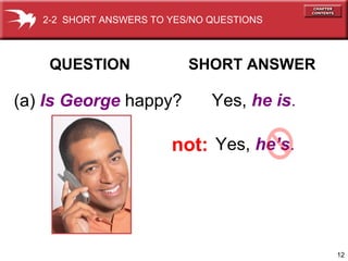 12 
2-2 SHORT ANSWERS TO YES/NO QUESTIONS 
QUESTION SHORT ANSWER 
(a) Is George happy? Yes, he is. 
not: Yes, he’s. 
 