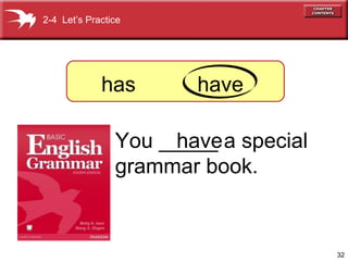 32 
has 
You _____ have 
a special 
grammar book. 
2-4 Let’s Practice 
have 
 