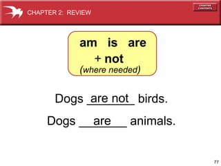 77 
CHAPTER 2: REVIEW 
am is are 
+ not 
(where needed) 
are not 
are 
Dogs _______ birds. 
Dogs _______ animals. 
 