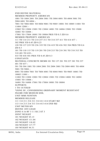 E2-E3/Civil Rev date: 01-04-11
Page:16BSNL, India For Internal Circulation Only
END DEFINE MATERIAL
MEMBER PROPERTY AMERICAN
1001 TO 1004 2001 TO 2004 3001 TO 3004 4001 TO 4004 5001 TO
5004 6001 TO 6004 -
7001 TO 7004 8001 TO 8004 9001 TO 9005 10001 TO 10005 11001 TO
11004 12001 -
12002 TO 12004 13001 TO 13004 14001 TO 14004 15001 TO 15008
16001 TO 16008 -
17001 TO 17004 18001 TO 18004 PRIS YD 0.3 ZD 0.6
MEMBER PROPERTY AMERICAN
111 TO 114 211 TO 214 237 311 TO 314 337 411 TO 414 437 -
502 PRIS YD 0.45 ZD 0.23
120 TO 137 219 TO 236 319 TO 336 419 TO 436 503 504 PRIS YD 0.6
ZD 0.3
101 TO 110 115 TO 119 201 TO 210 215 TO 218 301 TO 310 315 TO
318 401 TO 410 -
415 TO 418 501 PRIS YD 0.45 ZD 0.3
CONSTANTS
MATERIAL CONCRETE MEMB 101 TO 137 201 TO 237 301 TO 337
401 TO 437 -
501 TO 504 1001 TO 1004 2001 TO 2004 3001 TO 3004 4001 TO 4004
5001 TO 5004 -
6001 TO 6004 7001 TO 7004 8001 TO 8004 9001 TO 9005 10001 TO
10005 11001 -
11002 TO 11004 12001 TO 12004 13001 TO 13004 14001 TO 14004
15001 TO 15008 -
16001 TO 16008 17001 TO 17004 18001 TO 18004
SUPPORTS
1 TO 18 FIXED
*ZONE III , CONSIDERING ORDINARY MOMENT RESISTANT
FRAME FOR MEDIUM SOIL
UNIT MMS NEWTON
MEMBER RELEASE
111 114 211 214 311 314 411 414 START MZ
113 114 213 214 313 314 413 414 END MZ
UNIT METER KN
DEFINE 1893 LOAD
ZONE 0.16 RF 3 I 1 SS 2 ST 3
JOINT WEIGHT
101 WEIGHT 85.13
102 WEIGHT 111.04
103 WEIGHT 118.02
104 WEIGHT 117.77
105 WEIGHT 84.31
 