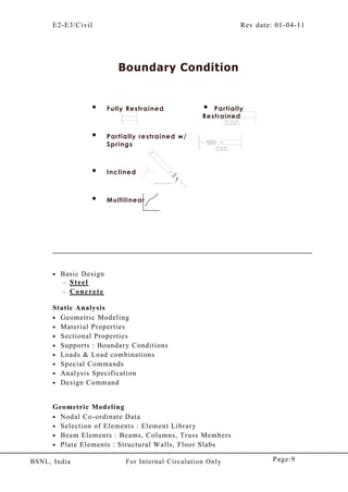 E2-E3/Civil Rev date: 01-04-11
Page:9BSNL, India For Internal Circulation Only
• Basic Design
– Steel
– Concrete
Static Analysis
• Geometric Modeling
• Material Properties
• Sectional Properties
• Supports : Boundary Conditions
• Loads & Load combinations
• Special Commands
• Analysis Specification
• Design Command
Geometric Modeling
• Nodal Co-ordinate Data
• Selection of Elements : Element Library
• Beam Elements : Beams, Columns, Truss Members
• Plate Elements : Structural Walls, Floor Slabs
• Fully Restrained
• Partially restrained w/
Springs
• Inclined
• Multilinear
Boundary Condition
• Partially
Restrained
 