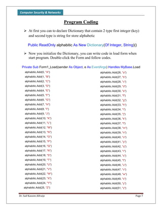 Computer Security & Networks
Dr. Saif Kassim Alfraije Page 7
Program Coding
 At first you can to declare Dictionary that contain 2 type first integer (key)
and second type is string for store alphabetic
Public ReadOnly alphabitic As New Dictionary(Of Integer, String)()
 Now you initialize the Dictionary, you can write code in load form when
start program. Double-click the Form and follow codes.
Private Sub Form1_Load(sender As Object, e As EventArgs) Handles MyBase.Load
alphabitic.Add(0, "A")
alphabitic.Add(1, "B")
alphabitic.Add(2, "C")
alphabitic.Add(3, "D")
alphabitic.Add(4, "E")
alphabitic.Add(5, "F")
alphabitic.Add(6, "G")
alphabitic.Add(7, "H")
alphabitic.Add(8, "I")
alphabitic.Add(9, "J")
alphabitic.Add(10, "K")
alphabitic.Add(11, "L")
alphabitic.Add(12, "M")
alphabitic.Add(13, "N")
alphabitic.Add(14, "O")
alphabitic.Add(15, "P")
alphabitic.Add(16, "Q")
alphabitic.Add(17, "R")
alphabitic.Add(18, "S")
alphabitic.Add(19, "T")
alphabitic.Add(20, "U")
alphabitic.Add(21, "V")
alphabitic.Add(22, "W")
alphabitic.Add(23, "X")
alphabitic.Add(24, "Y")
alphabitic.Add(25, "Z")
alphabitic.Add(26, "a")
alphabitic.Add(27, "b")
alphabitic.Add(28, "c")
alphabitic.Add(29, "d")
alphabitic.Add(30, "e")
alphabitic.Add(31, "f")
alphabitic.Add(32, "g")
alphabitic.Add(33, "h")
alphabitic.Add(34, "i")
alphabitic.Add(35, "j")
alphabitic.Add(36, "k")
alphabitic.Add(37, "l")
alphabitic.Add(38, "m")
alphabitic.Add(39, "n")
alphabitic.Add(40, "o")
alphabitic.Add(41, "p")
alphabitic.Add(42, "q")
alphabitic.Add(43, "r")
alphabitic.Add(44, "s")
alphabitic.Add(45, "t")
alphabitic.Add(46, "u")
alphabitic.Add(47, "v")
alphabitic.Add(48, "w")
alphabitic.Add(49, "x")
alphabitic.Add(50, "y")
alphabitic.Add(51, "z")
 