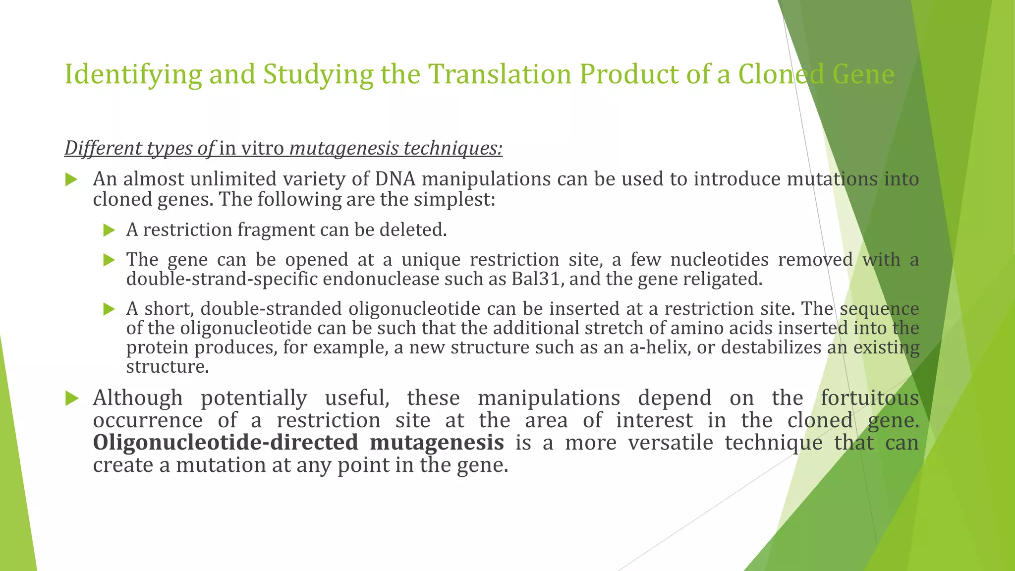 Identifying and Studying the Translation Product of a Cloned Gene
Different types of in vitro mutagenesis techniques:
 An almost unlimited variety of DNA manipulations can be used to introduce mutations into
cloned genes. The following are the simplest:
 A restriction fragment can be deleted.
 The gene can be opened at a unique restriction site, a few nucleotides removed with a
double-strand-specific endonuclease such as Bal31, and the gene religated.
 A short, double-stranded oligonucleotide can be inserted at a restriction site. The sequence
of the oligonucleotide can be such that the additional stretch of amino acids inserted into the
protein produces, for example, a new structure such as an a-helix, or destabilizes an existing
structure.
 Although potentially useful, these manipulations depend on the fortuitous
occurrence of a restriction site at the area of interest in the cloned gene.
Oligonucleotide-directed mutagenesis is a more versatile technique that can
create a mutation at any point in the gene.
 