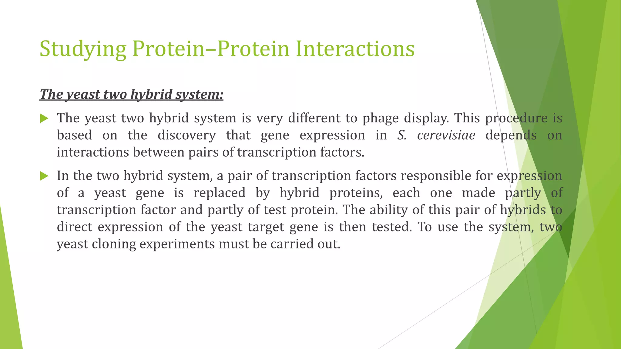 Studying Protein–Protein Interactions
The yeast two hybrid system:
 The yeast two hybrid system is very different to phage display. This procedure is
based on the discovery that gene expression in S. cerevisiae depends on
interactions between pairs of transcription factors.
 In the two hybrid system, a pair of transcription factors responsible for expression
of a yeast gene is replaced by hybrid proteins, each one made partly of
transcription factor and partly of test protein. The ability of this pair of hybrids to
direct expression of the yeast target gene is then tested. To use the system, two
yeast cloning experiments must be carried out.
 