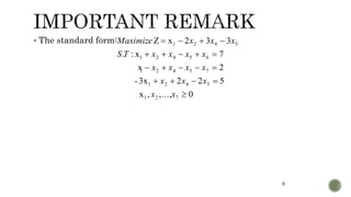 9
 The standard form:
0,...,,x
5223x-
2x
7x:.
332xZ
721
5421
75421
65421
5421





xx
xxx
xxxx
xxxxTS
xxxMaximize
 