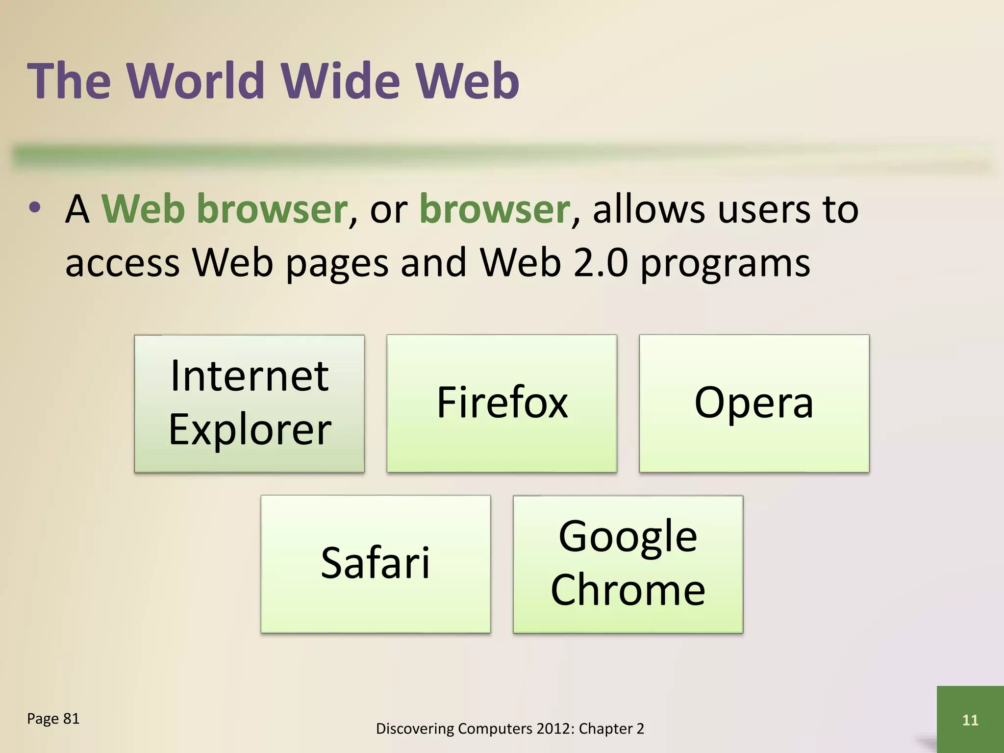 The World Wide Web
• A Web browser, or browser, allows users to
access Web pages and Web 2.0 programs
Discovering Computers 2012: Chapter 2
11Page 81
Internet
Explorer
Firefox Opera
Safari
Google
Chrome
 