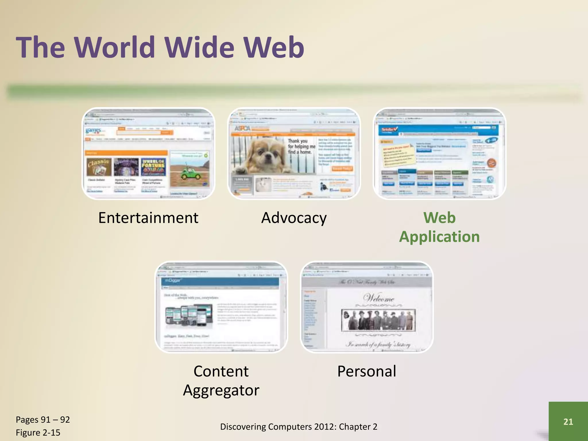 The World Wide Web
Entertainment Advocacy Web
Application
Content
Aggregator
Personal
Discovering Computers 2012: Chapter 2
21Pages 91 – 92
Figure 2-15
 