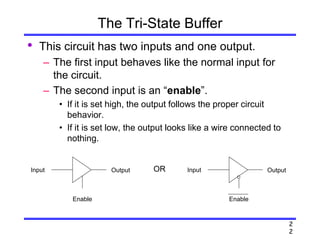 2
2
The Tri-State Buffer
• This circuit has two inputs and one output.
– The first input behaves like the normal input for
the circuit.
– The second input is an “enable”.
• If it is set high, the output follows the proper circuit
behavior.
• If it is set low, the output looks like a wire connected to
nothing.
Input Output
Enable
Input Output
Enable
OR
 