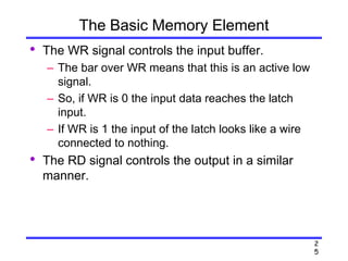 2
5
The Basic Memory Element
• The WR signal controls the input buffer.
– The bar over WR means that this is an active low
signal.
– So, if WR is 0 the input data reaches the latch
input.
– If WR is 1 the input of the latch looks like a wire
connected to nothing.
• The RD signal controls the output in a similar
manner.
 