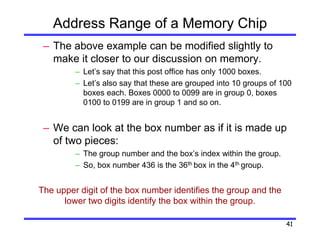 41
Address Range of a Memory Chip
– The above example can be modified slightly to
make it closer to our discussion on memory.
– Let’s say that this post office has only 1000 boxes.
– Let’s also say that these are grouped into 10 groups of 100
boxes each. Boxes 0000 to 0099 are in group 0, boxes
0100 to 0199 are in group 1 and so on.
– We can look at the box number as if it is made up
of two pieces:
– The group number and the box’s index within the group.
– So, box number 436 is the 36th box in the 4th group.
The upper digit of the box number identifies the group and the
lower two digits identify the box within the group.
 