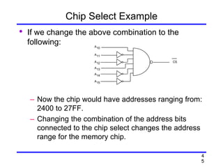 4
5
Chip Select Example
• If we change the above combination to the
following:
– Now the chip would have addresses ranging from:
2400 to 27FF.
– Changing the combination of the address bits
connected to the chip select changes the address
range for the memory chip.
CS
A10
A11
A12
A13
A14
A15
 