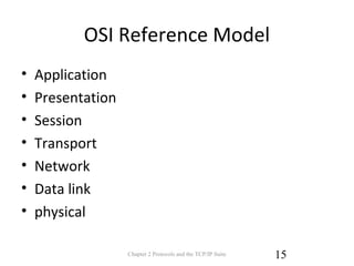 OSI Reference Model
• Application
• Presentation
• Session
• Transport
• Network
• Data link
• physical
Chapter 2 Protocols and the TCP/IP Suite 15
 