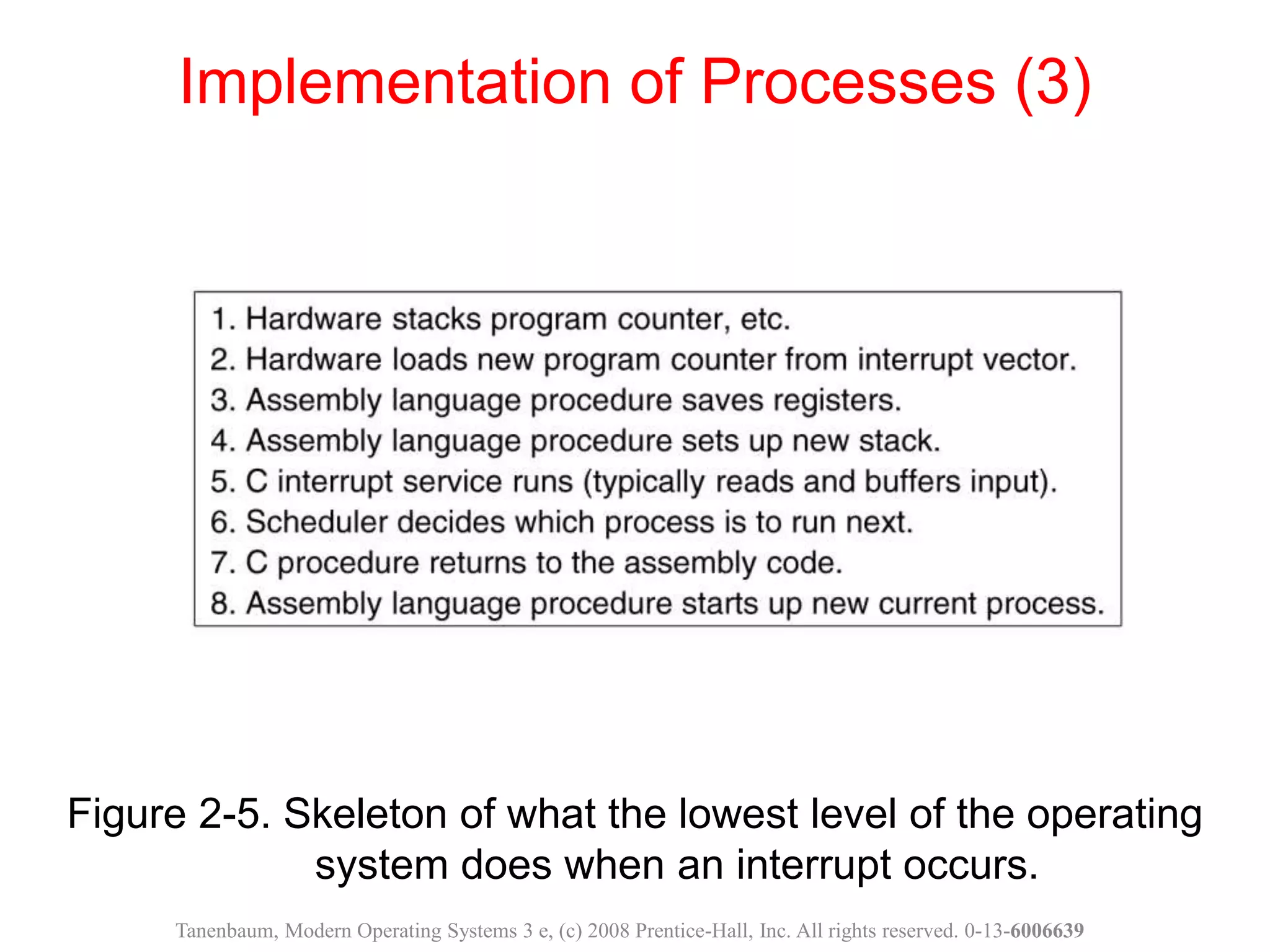 Figure 2-5. Skeleton of what the lowest level of the operating
system does when an interrupt occurs.
Implementation of Processes (3)
Tanenbaum, Modern Operating Systems 3 e, (c) 2008 Prentice-Hall, Inc. All rights reserved. 0-13-6006639
 