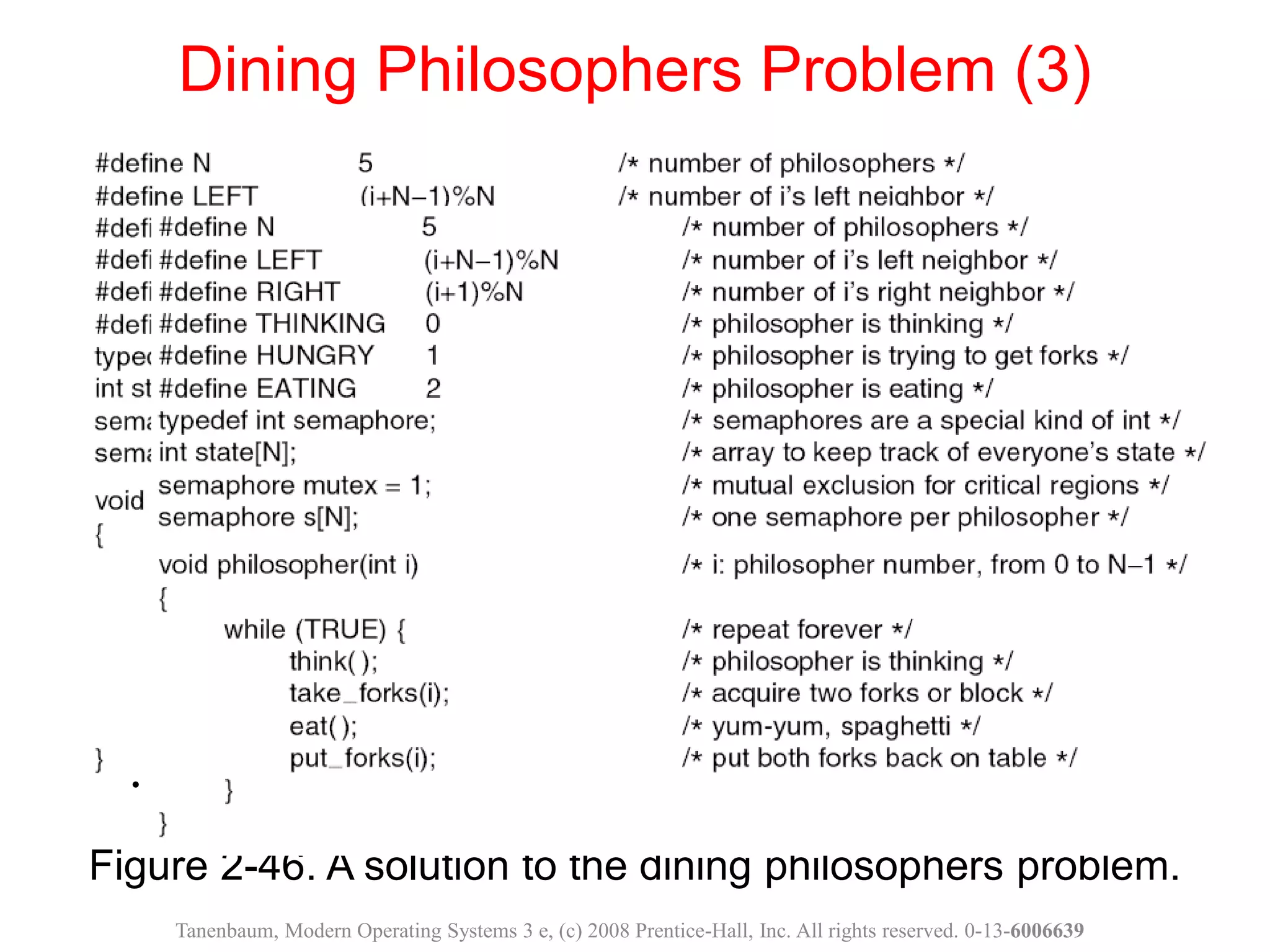 Figure 2-46. A solution to the dining philosophers problem.
Dining Philosophers Problem (3)
Tanenbaum, Modern Operating Systems 3 e, (c) 2008 Prentice-Hall, Inc. All rights reserved. 0-13-6006639
. . .
 