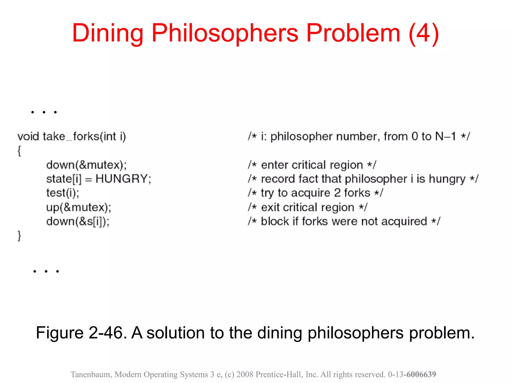 Figure 2-46. A solution to the dining philosophers problem.
Dining Philosophers Problem (4)
Tanenbaum, Modern Operating Systems 3 e, (c) 2008 Prentice-Hall, Inc. All rights reserved. 0-13-6006639
. . .
. . .
 