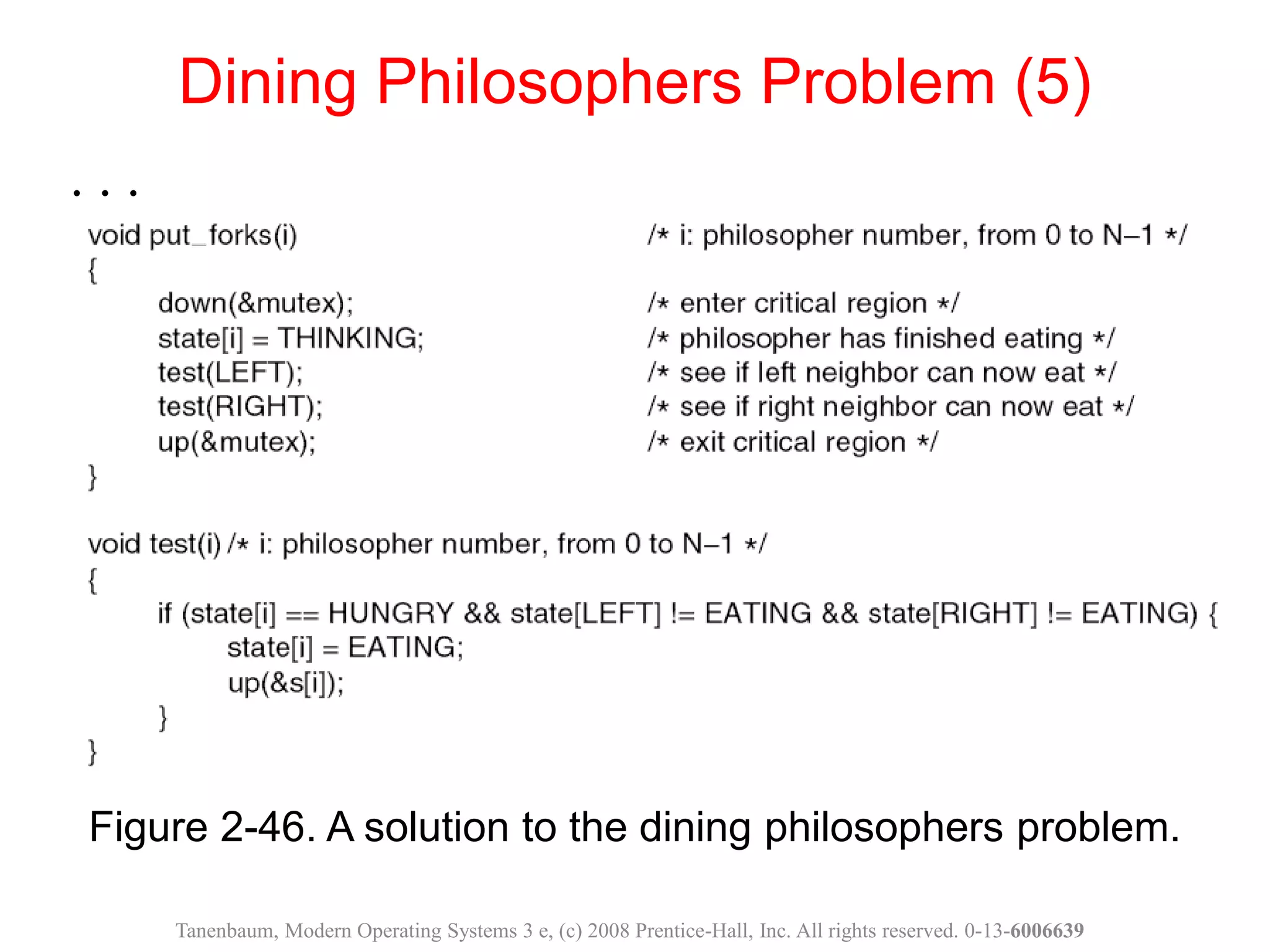 Figure 2-46. A solution to the dining philosophers problem.
Dining Philosophers Problem (5)
Tanenbaum, Modern Operating Systems 3 e, (c) 2008 Prentice-Hall, Inc. All rights reserved. 0-13-6006639
. . .
 