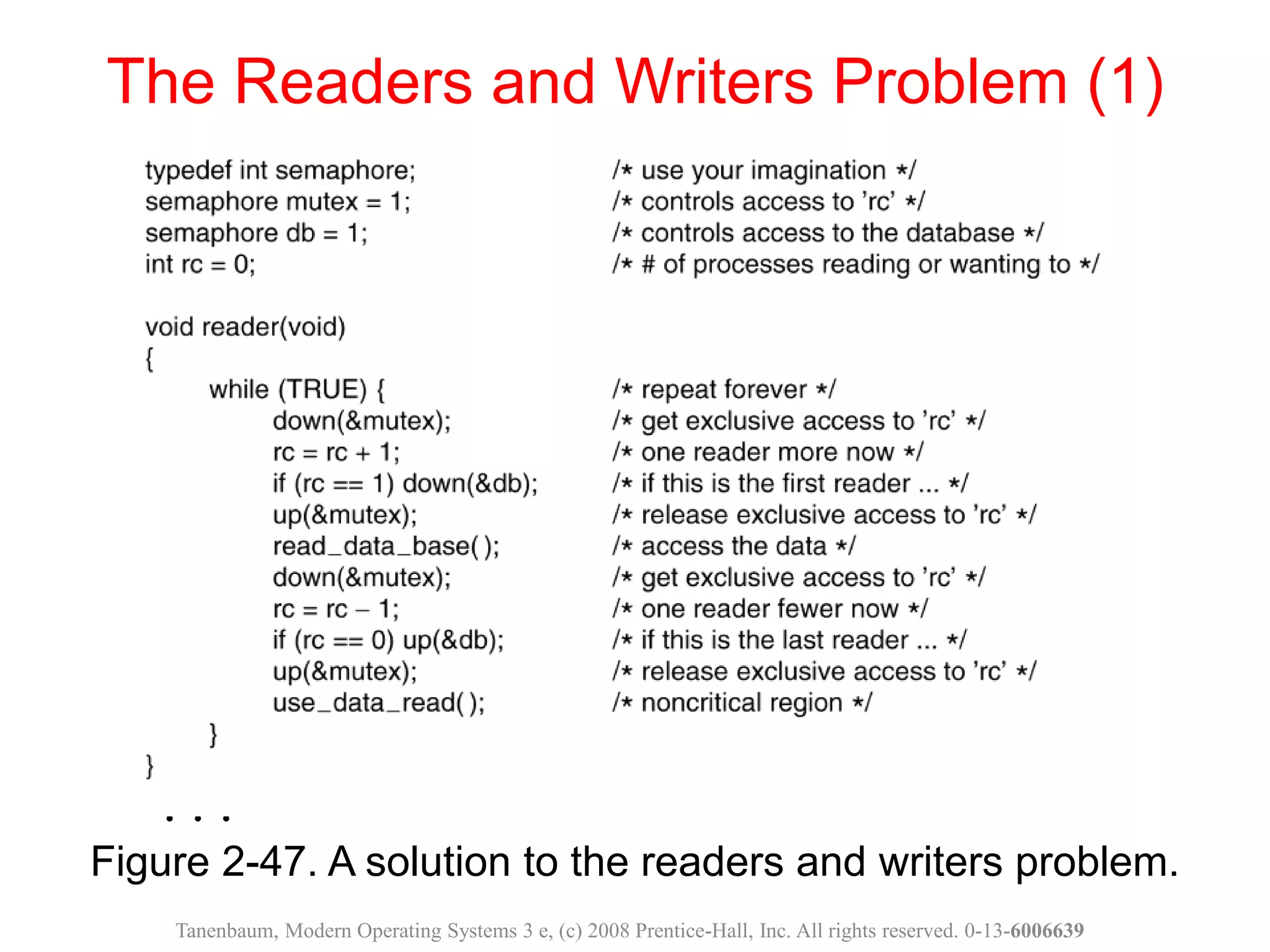 Figure 2-47. A solution to the readers and writers problem.
The Readers and Writers Problem (1)
Tanenbaum, Modern Operating Systems 3 e, (c) 2008 Prentice-Hall, Inc. All rights reserved. 0-13-6006639
. . .
 